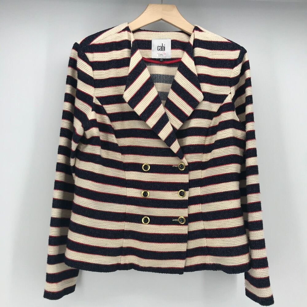 CAbi Love Coral Cruise Jacket Womens 10 Blue Ivory Stripe Double Breast Blazer